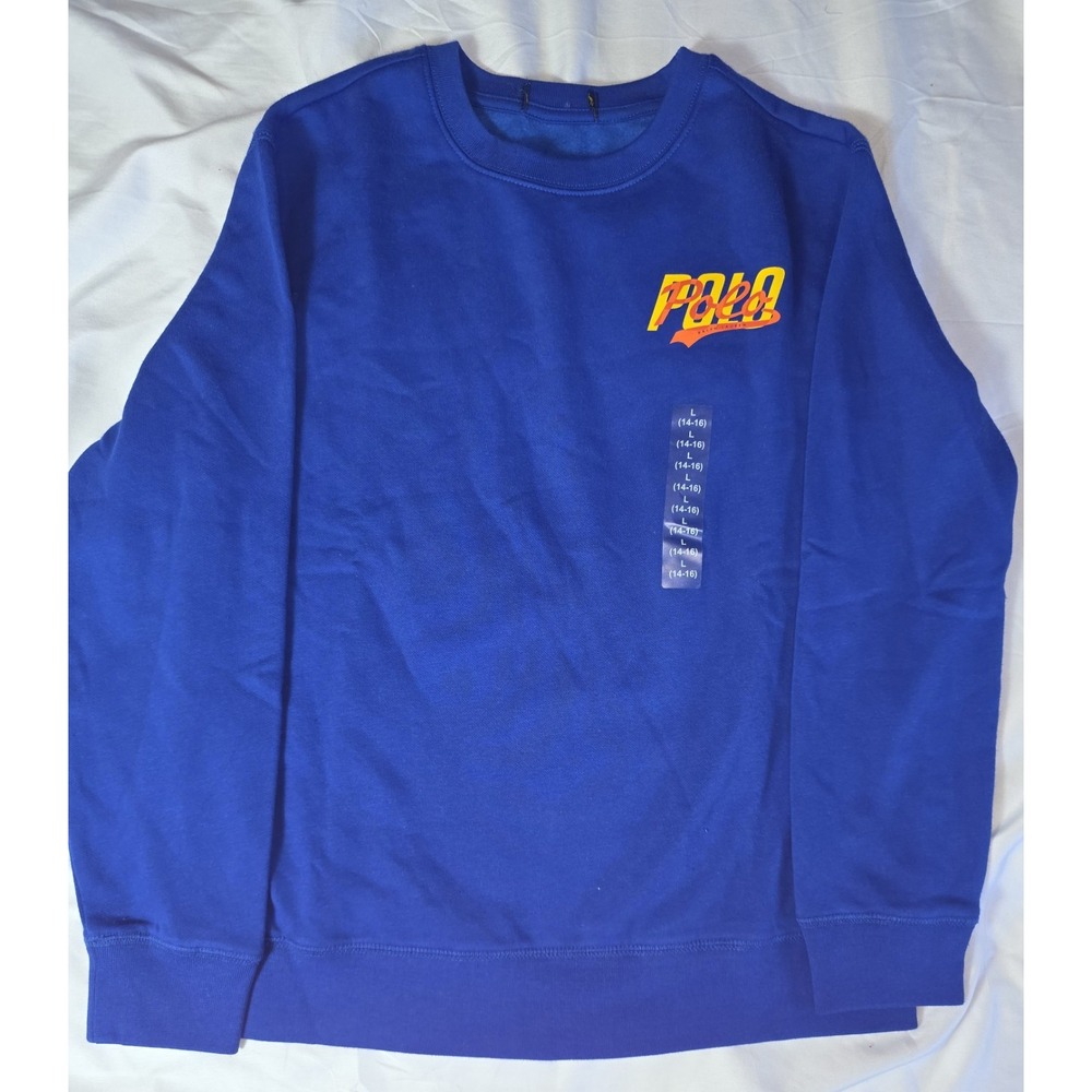 Polo Ralph Lauren Blue Retro Logo Crewneck Fleece Sweatshirt Boy Size Large NWOT